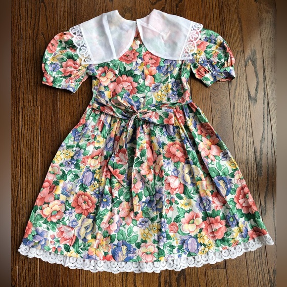 Youngland Vintage Girls 8 A-Line Floral Short-Sleeve Midi Dress w/Bow & Collar - Picture 11 of 12